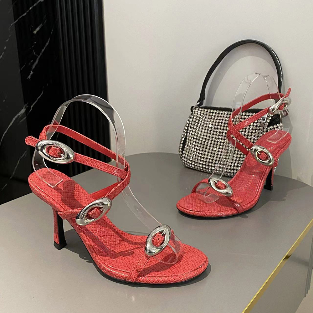 Snake grain leather ankle strap sandals hardware buckle leather outsole slippers pumps Womens Party Evening Shoes Luxury Designer high heels 34-43 wit