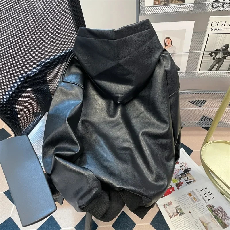 Men's Hooded Sweatshirt Women Pu Leather Motorcycle Jacket Hoodies Long Sleeves Pocket Letter Solid Color Loose Casual Tops 240126
