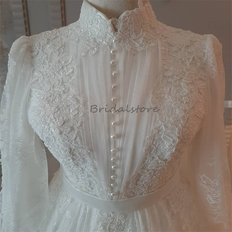 Modest Muslim Wedding Dresses Long Sleeve Elegant High Neck Appliques Lace Country Style Bridal Dress A Line Floor Length Islamic Boho Bride Dress Rob
