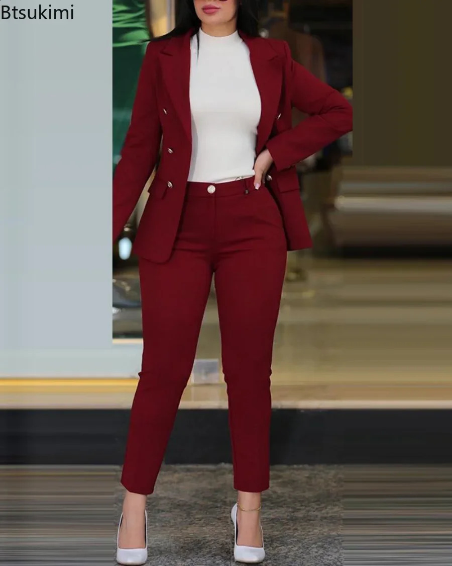 Womens Two Pieces Pant Sets Formal Business Double Breasted Blazers Jacket and Pants 2 Piece Set Elegant Ladies Suits 240127