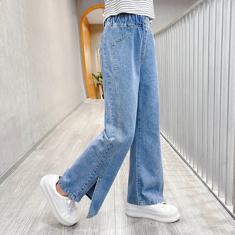 Split Denim Pants Jeans for Girls Korean Style Spring and Autumn Kids Jeans Baby Girls Clothes Casual Baggy Jeans Wide Leg Pants 240118