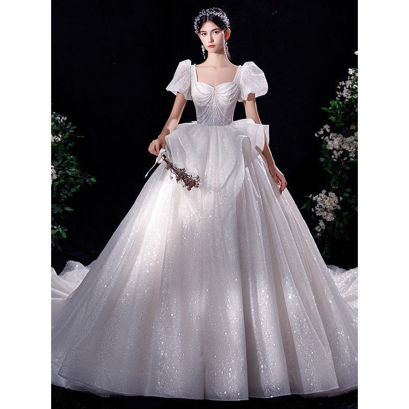 shiny white a line Wedding Dresses pearls tassels corset Hollow Back sweep Long train Boho Dress Beach Plus Size princess Bridal Gowns Custom Made Ves