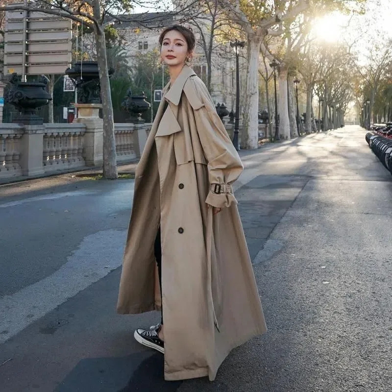 Spring Autumn Extra Long Flowy Oversized Casual Trench Coat for Women Belt Double Breasted Loose Korean Fashion Trench