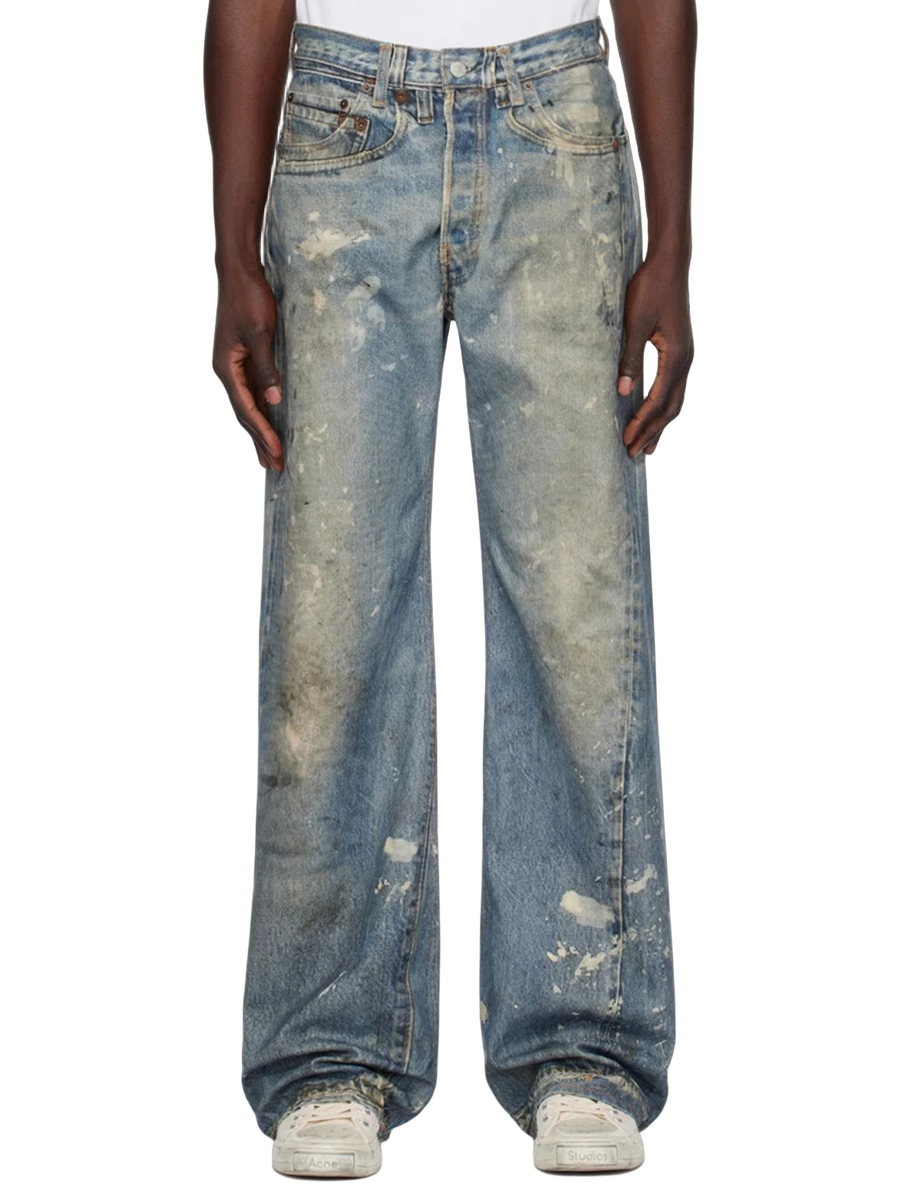 Original Ac Casual Lloose Pants Blue Splashed Ink Distressed Digital Printed Jeans Workwear Pants