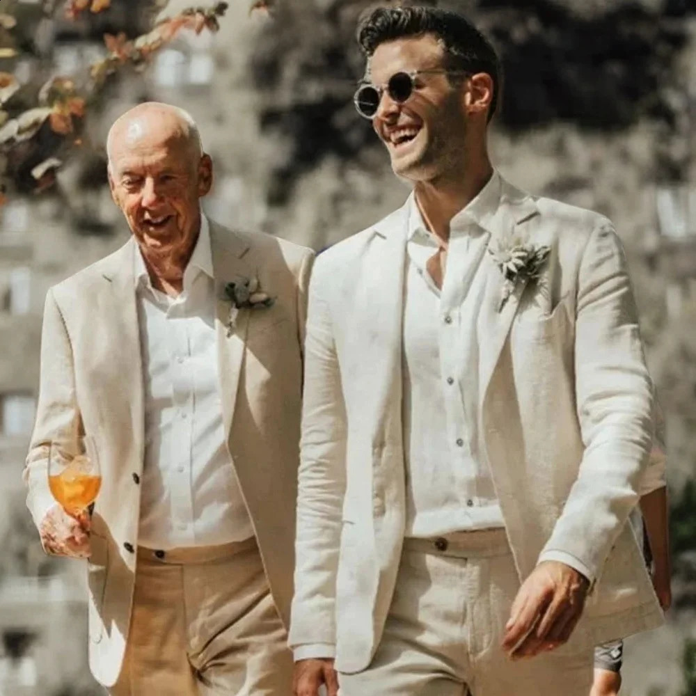Linen Wedding Suits for Men Garden Summer Groom Tuxedo Notch Lapel Prom Blazer 2 Piece Set Jacket Pants 240126