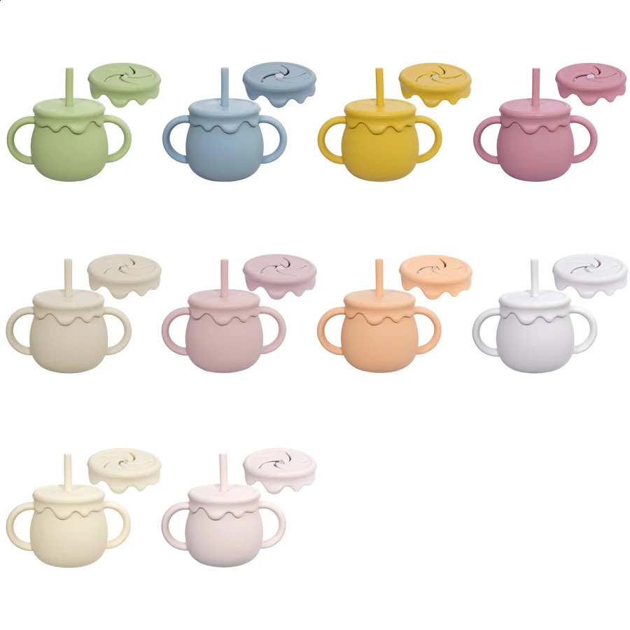 Cartoon Cute Silicone Straw Cup Childrens Drinking Cup Snack Cup 2-in-1 Food Storage Box with Handle Feeding Water Cup BPA Free 240130