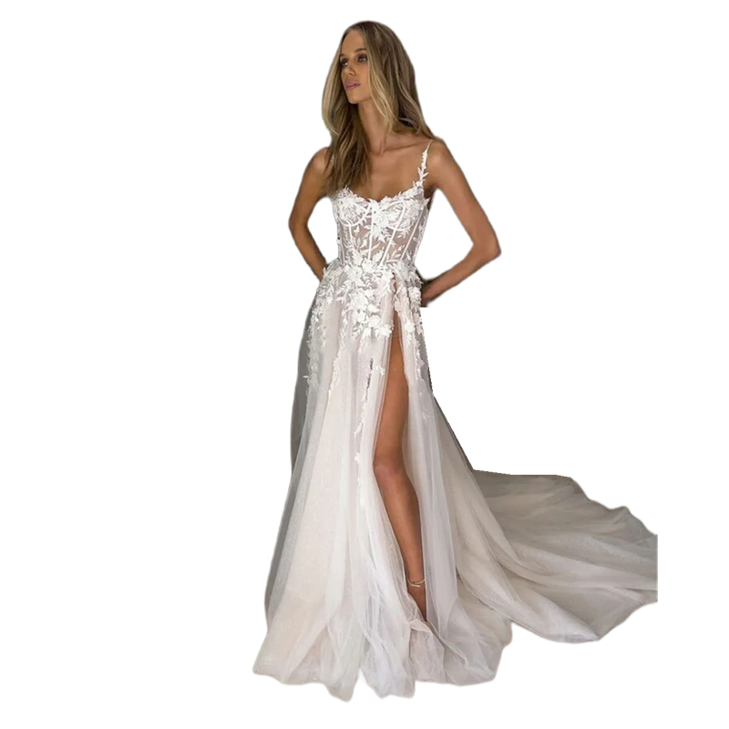 Spaghetti Sexy Boho Wedding Dress Lace 3D wers Appliques Long Beach Bridal Dresses Corset Bones Side Split A e Tulle Bride Gowns