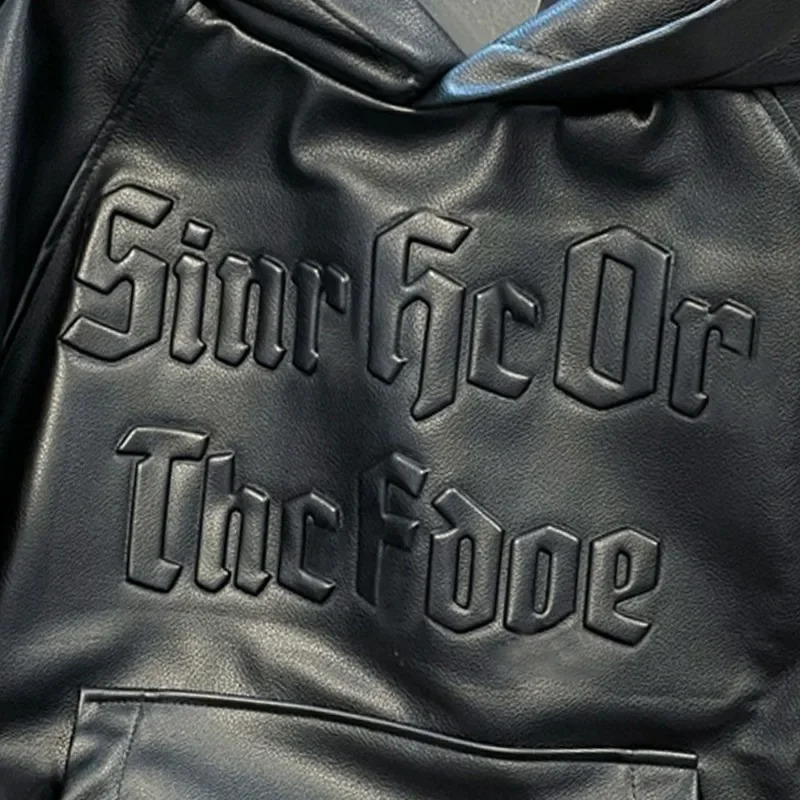 Men's Hooded Sweatshirt Women Pu Leather Motorcycle Jacket Hoodies Long Sleeves Pocket Letter Solid Color Loose Casual Tops 240126