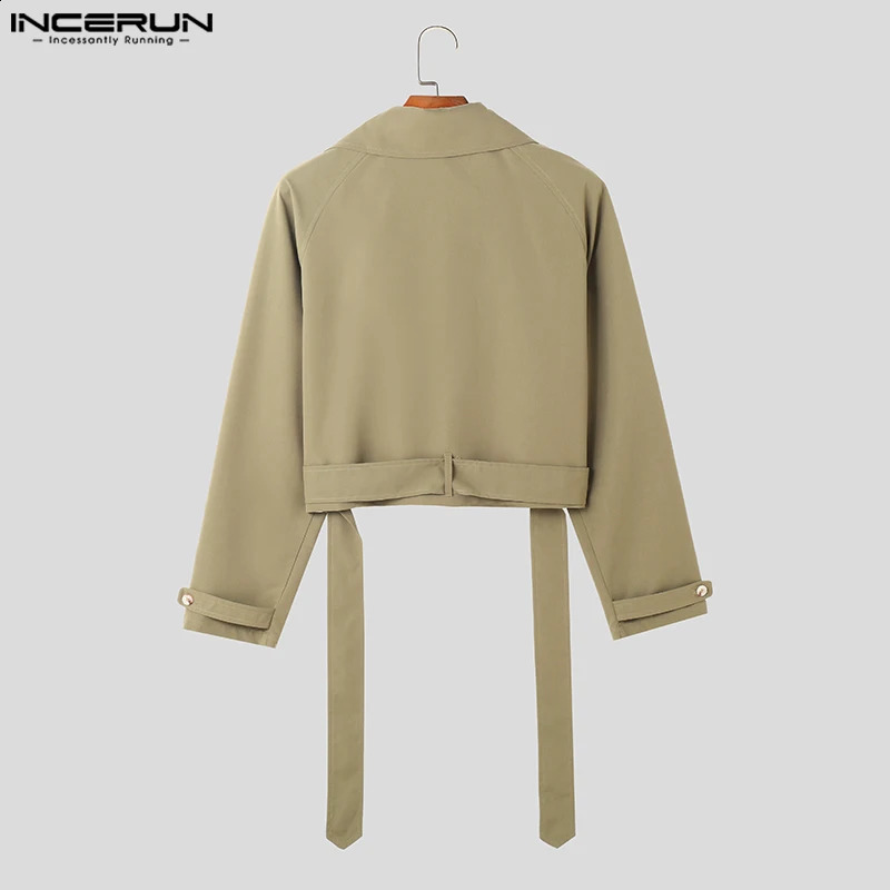 INCERUN Fashion Men Jackets Lapel Long Sleeve Solid Color Streetwear Male Crop Coats Loose Casual Jackets With Belt S-5XL 240126