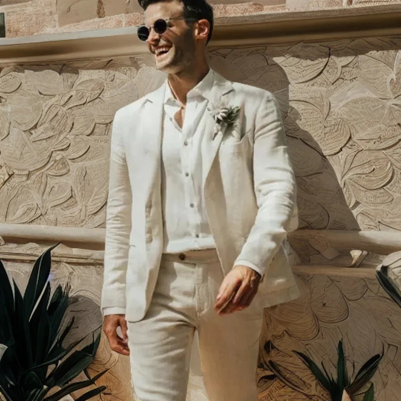 Linen Wedding Suits for Men Garden Summer Groom Tuxedo Notch Lapel Prom Blazer 2 Piece Set Jacket Pants 240126