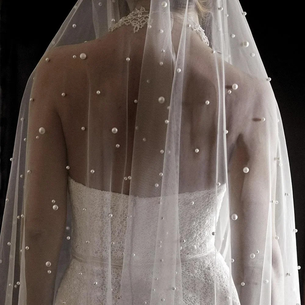 Pearls Bridal Veil 2 Tiers Blusher Wedding Veil Drop Veil Face-Covered With Comb WhiteIvory Velos de Noiva Bead Cathedral 300cm 240123