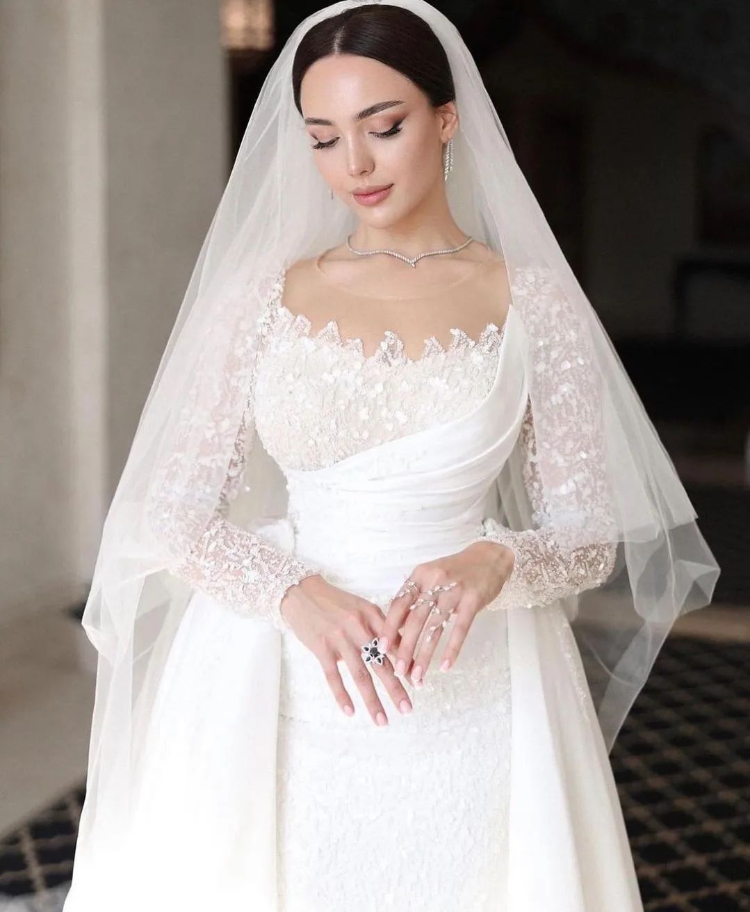 Elegant Mermaid Bridal Gowns Sequins Lace Wedding Dress with Overskirts Custom Made Long Sleeve Bride Dresses Vestido de novia