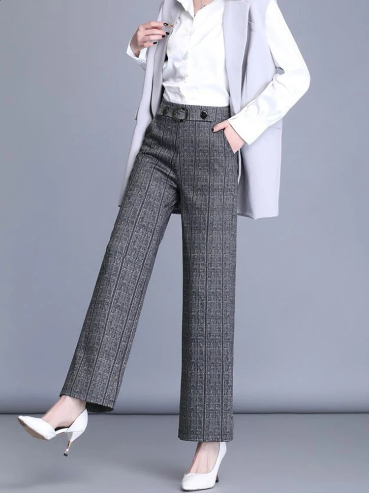 Oversize 4xl Plaid Office Straight Pants Korean Fashion Women Formal Wide Leg Pantalones Casual OL High Waist Trousers 240202