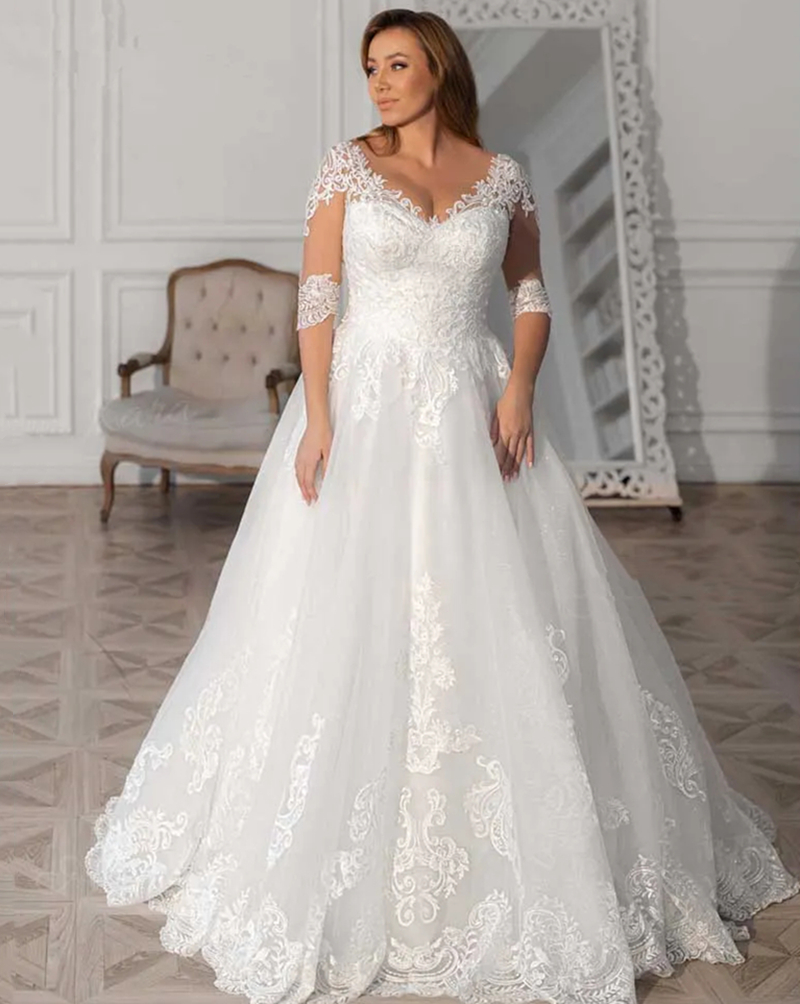 Elegant A Line Wedding Dresses Half Sleeves Lace Appliques V-Neck Ivory Tulle Long Bridal Gowns Court Train Back Buttons 2024 Spring Summer Garden Bri