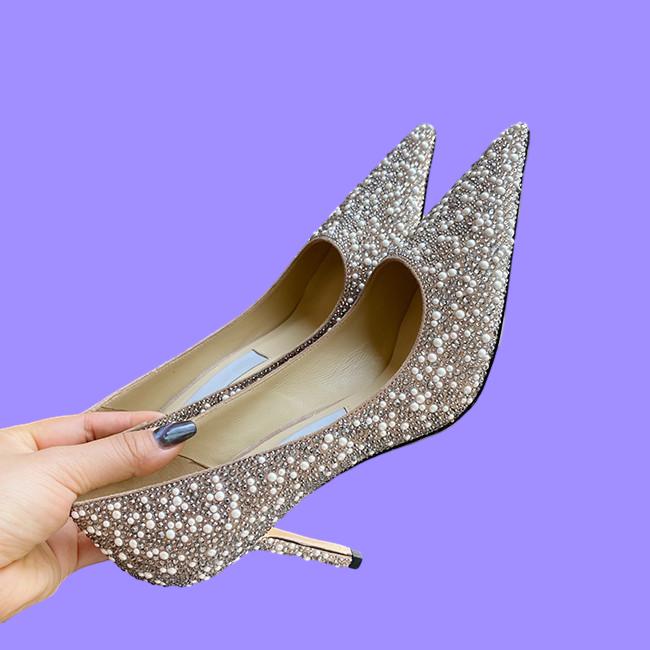selling 65cm 85cm high heels leather pointed pearl diamond high heels flat shoes leather wedding party shoes size 3540