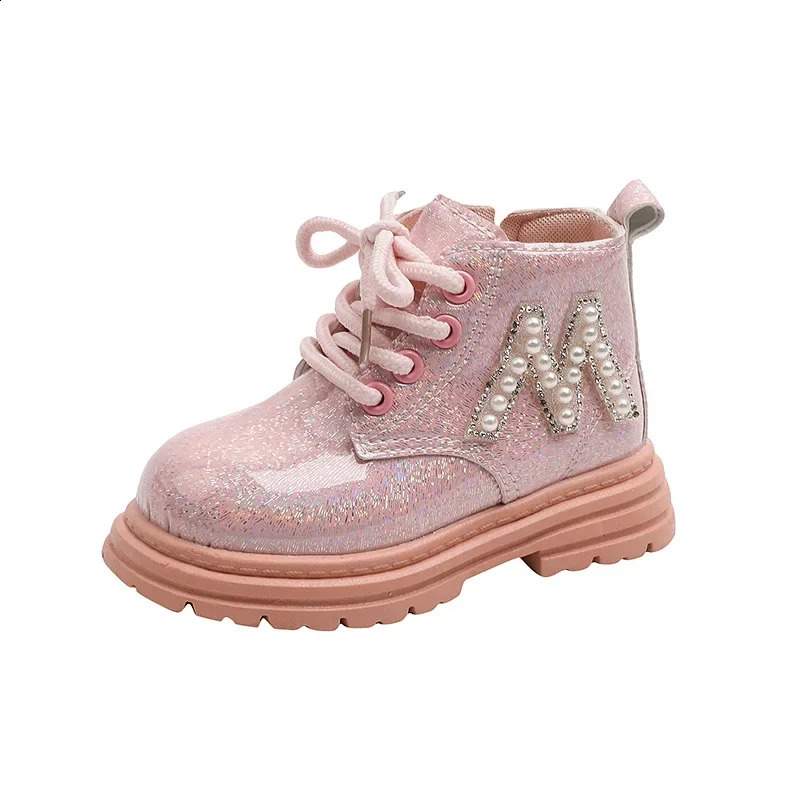 Girls Short Boots Autumn Winter Shiny Pearls Single Boots Little Boys Fashion Ankle Boots Pink White Black Boots Kids Shoes 240127