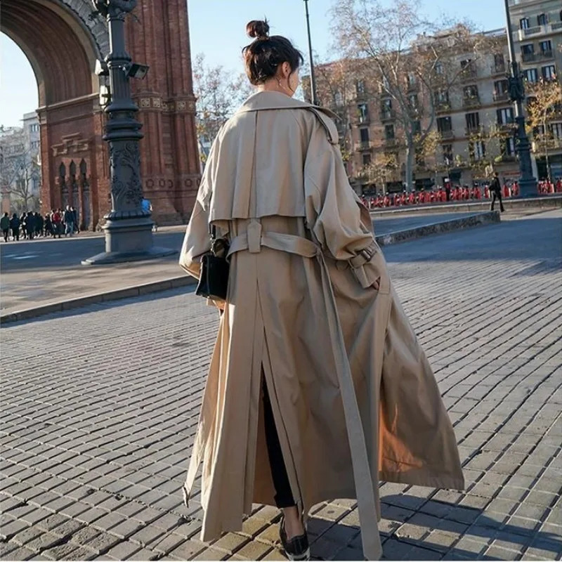 Spring Autumn Extra Long Flowy Oversized Casual Trench Coat for Women Belt Double Breasted Loose Korean Fashion Trench