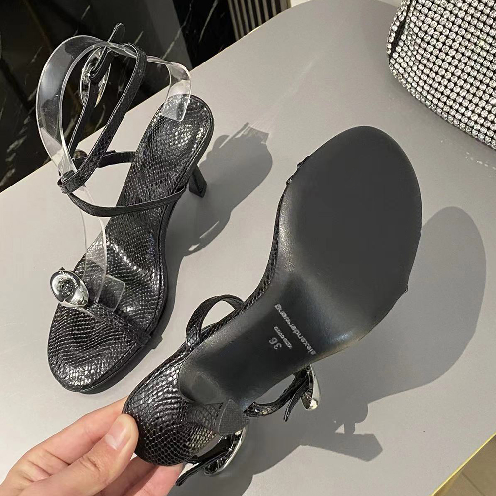 Snake grain leather ankle strap sandals hardware buckle leather outsole slippers pumps Womens Party Evening Shoes Luxury Designer high heels 34-43 wit