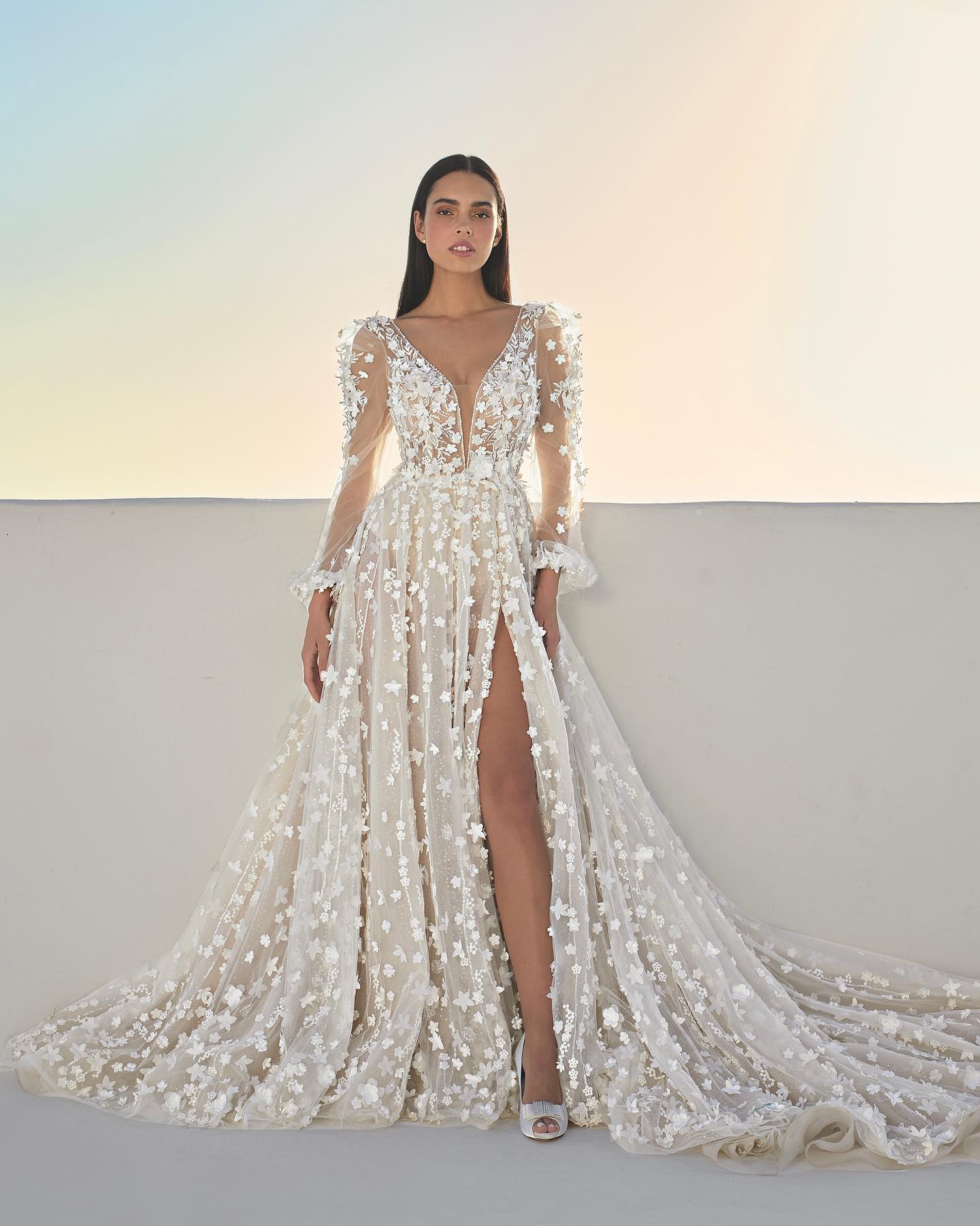 Vintage 3D Floral Wedding Dresses V Neck A Line Long Sleeve Lace Beach Bridal Gowns Side Split Bride Dress Vestidos De Novia