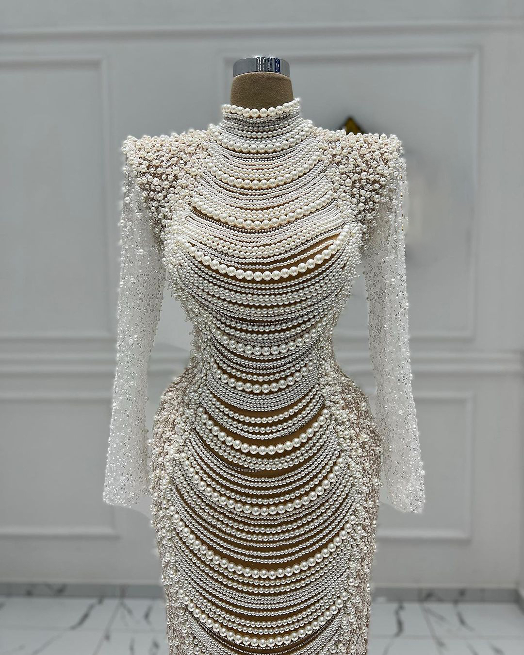 Urious More Pearls Mermaid Bridal Gowns Long Sleeve Wedding Dress High Neck Sequins Custom Made Bride Dresses Vestido De Novia 0219