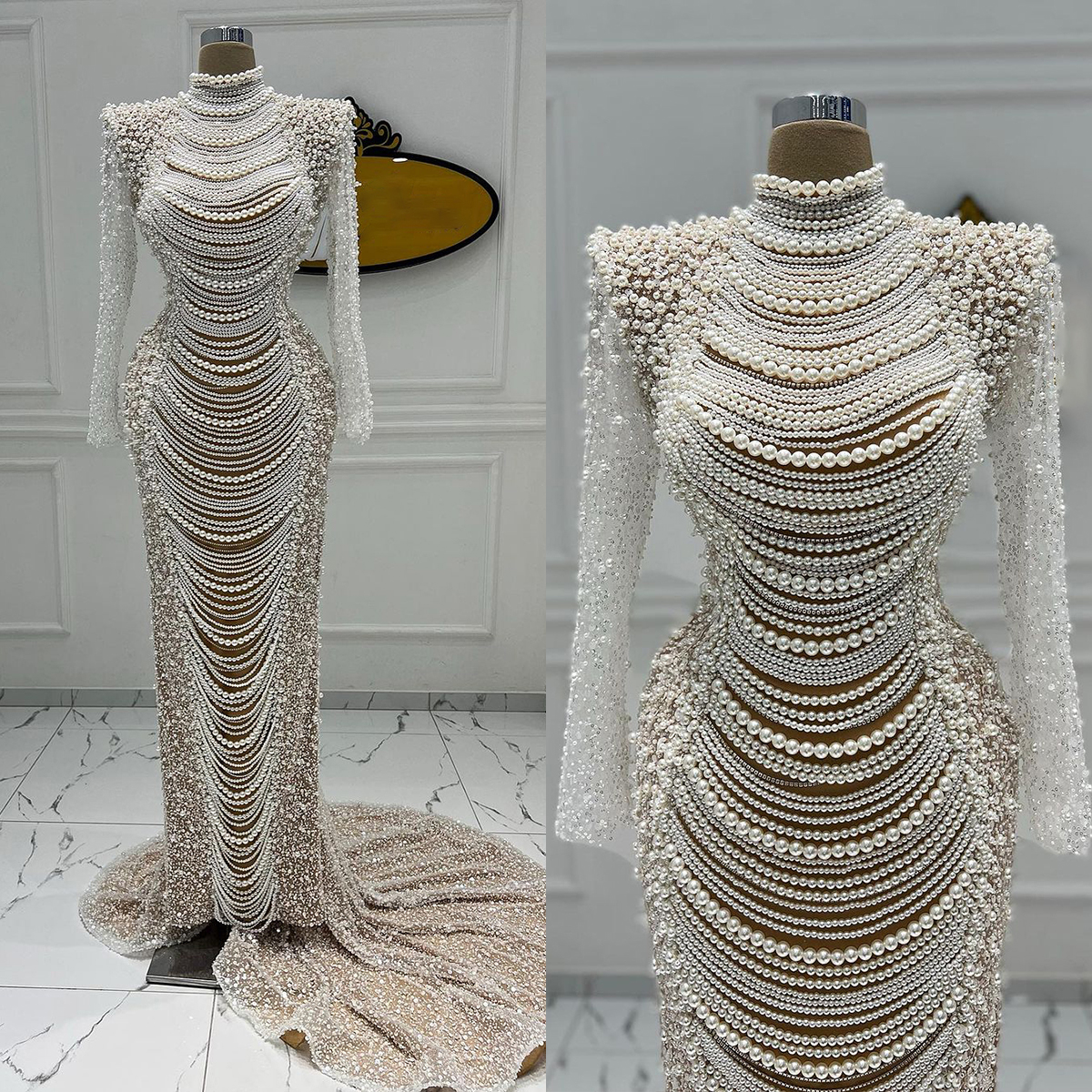 Urious More Pearls Mermaid Bridal Gowns Long Sleeve Wedding Dress High Neck Sequins Custom Made Bride Dresses Vestido De Novia 0219