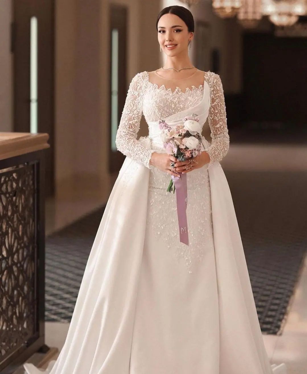 Elegant Mermaid Bridal Gowns Sequins Lace Wedding Dress with Overskirts Custom Made Long Sleeve Bride Dresses Vestido de novia