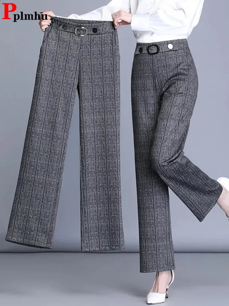 Oversize 4xl Plaid Office Straight Pants Korean Fashion Women Formal Wide Leg Pantalones Casual OL High Waist Trousers 240202