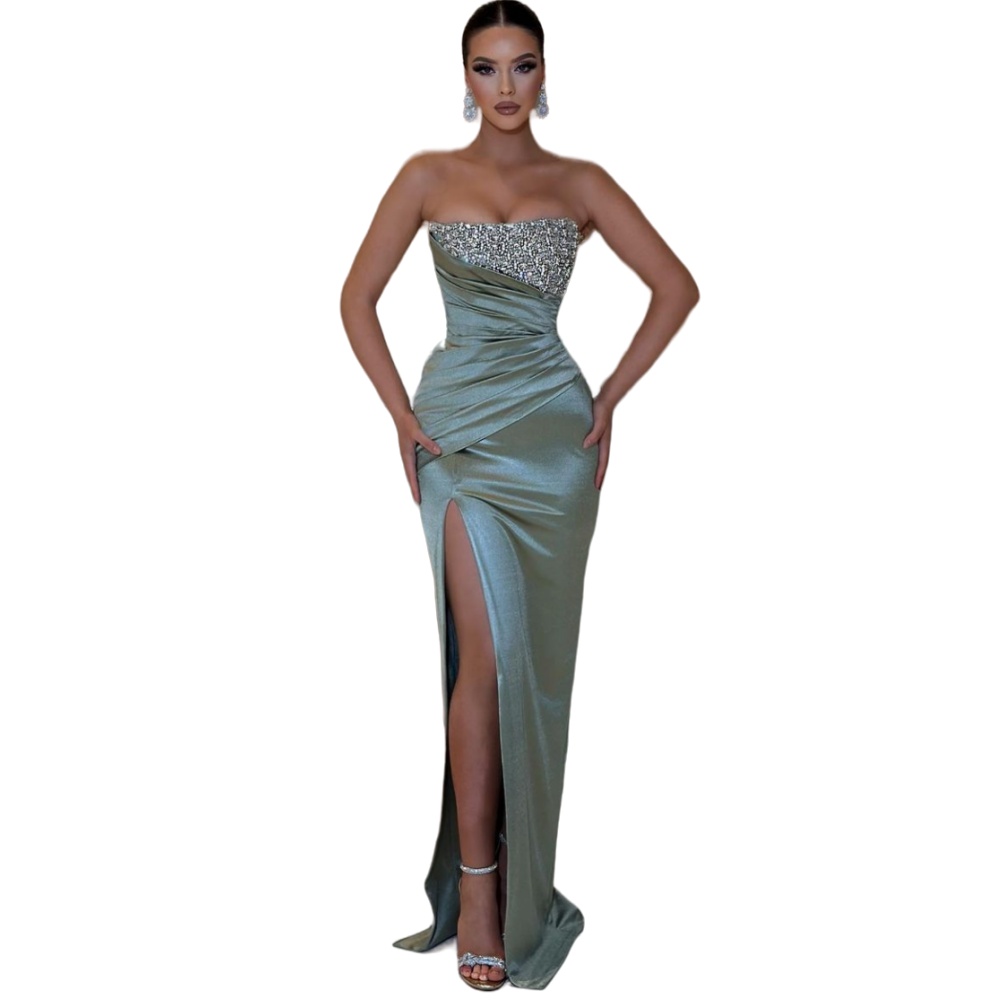 2024 Sexy Green Prom Dresses Strapless Mermaid Plus Size Floor Length Sleeveless Silver Crystal Beads Side Split Long Vintage Evening Gowns