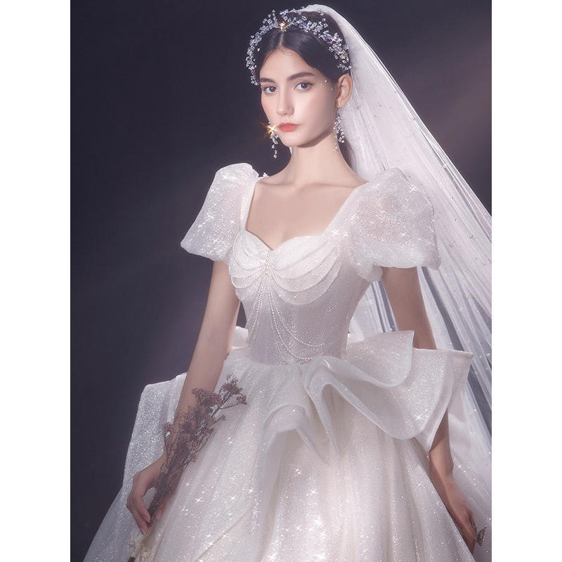 shiny white a line Wedding Dresses pearls tassels corset Hollow Back sweep Long train Boho Dress Beach Plus Size princess Bridal Gowns Custom Made Ves