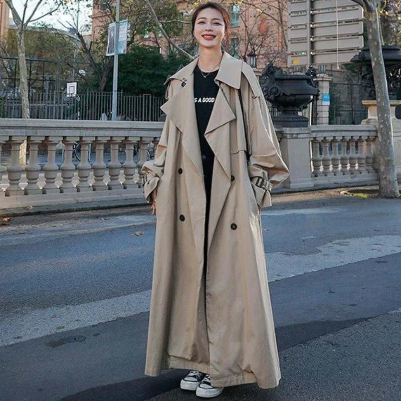 Spring Autumn Extra Long Flowy Oversized Casual Trench Coat for Women Belt Double Breasted Loose Korean Fashion Trench