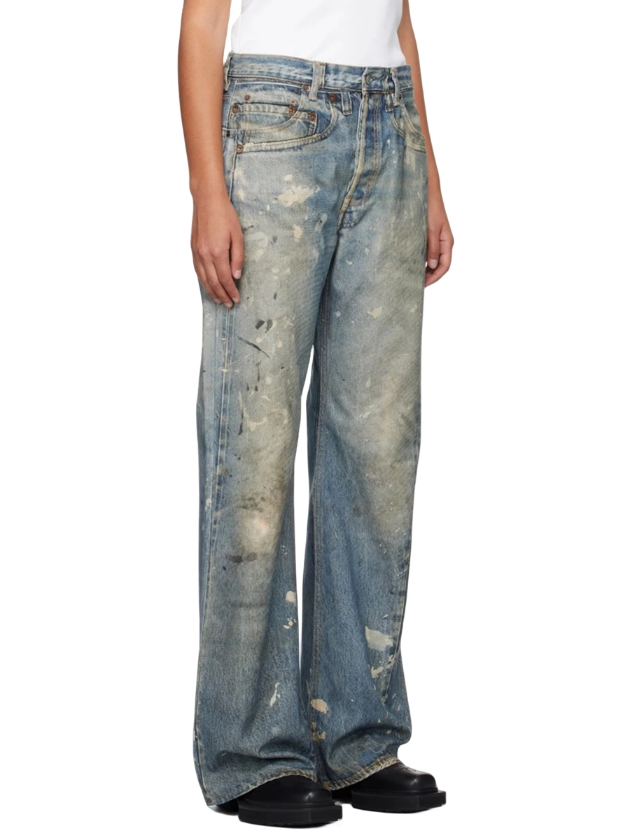 Original Ac Casual Lloose Pants Blue Splashed Ink Distressed Digital Printed Jeans Workwear Pants