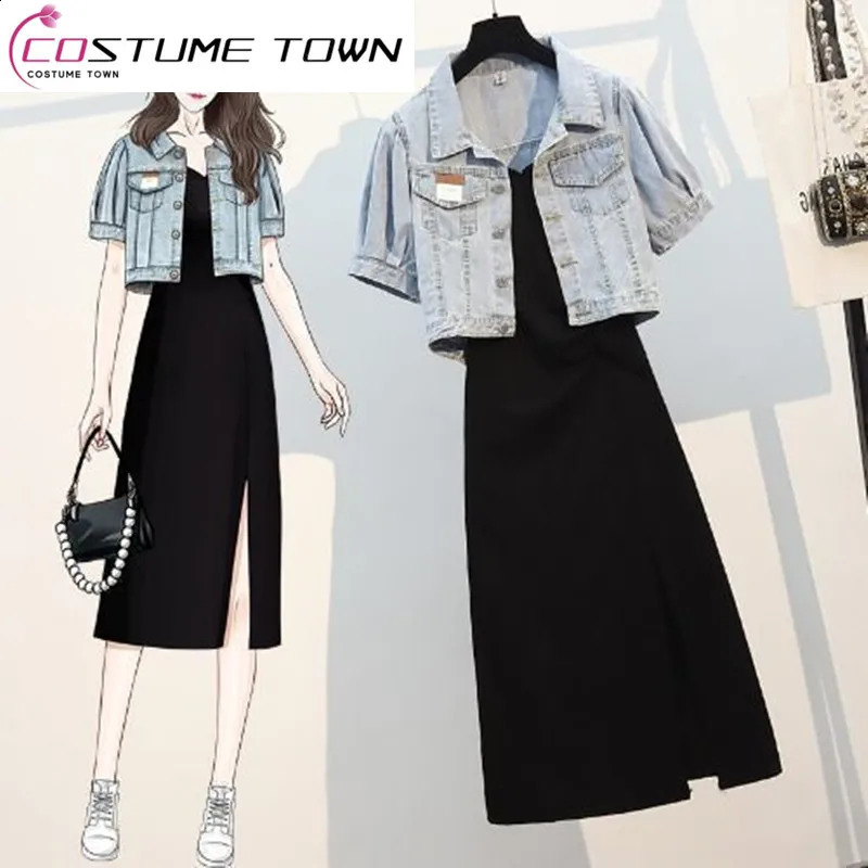 Oversized Women's Summer Set Women's Denim Coat Covering Belly and Slim Strap Dress Two Piece Set for Women 240129