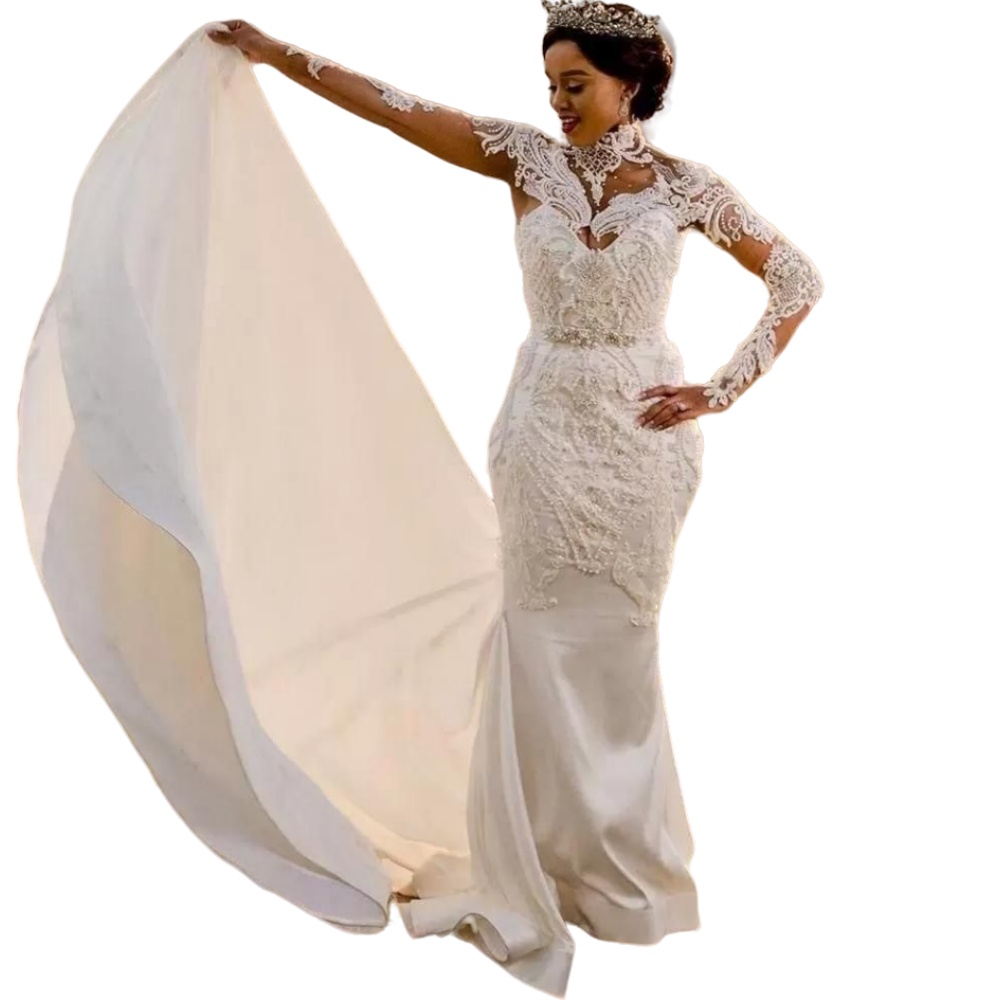 2024 High Neck Mermaid Wedding Dresses Bridal Gowns Sweep Train Lace Crystal Pearls Beads Plus Size African Nigerian Fishtail Robe De Mariee Long Slee