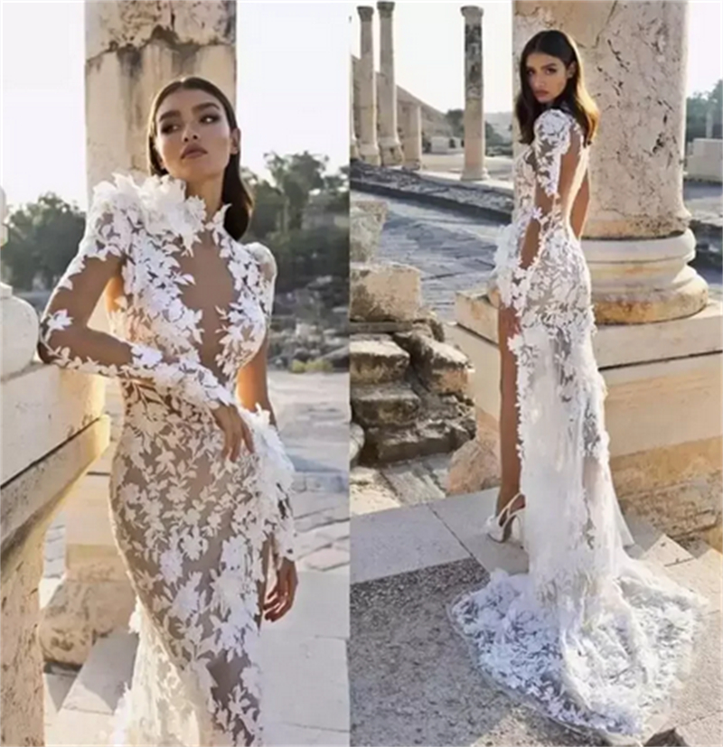 Boho Lace Mermaid Wedding Dresses Sexy Backless Side Split Beach Bridal Gowns 3D Floral Appliques Long Summer Illusion Bride Dress