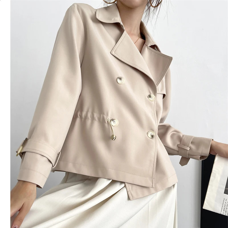 Spring Autumn Simple Short Trench Coat for Women High-end Korean Style Double Breasted Lace-up Windbreaker Jackets 240202