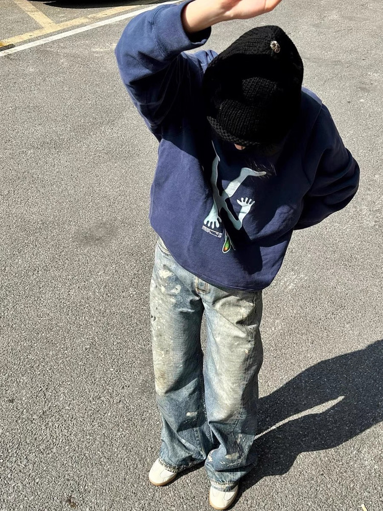 Original Ac Casual Lloose Pants Blue Splashed Ink Distressed Digital Printed Jeans Workwear Pants