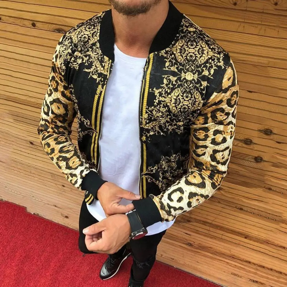 Men Coat Cardigan Male Casual Streetwear Hip Hop Jacket Slim Fit Coat Print All Match Round Neck Long Sleeve Leopard Jacket Coat 240126