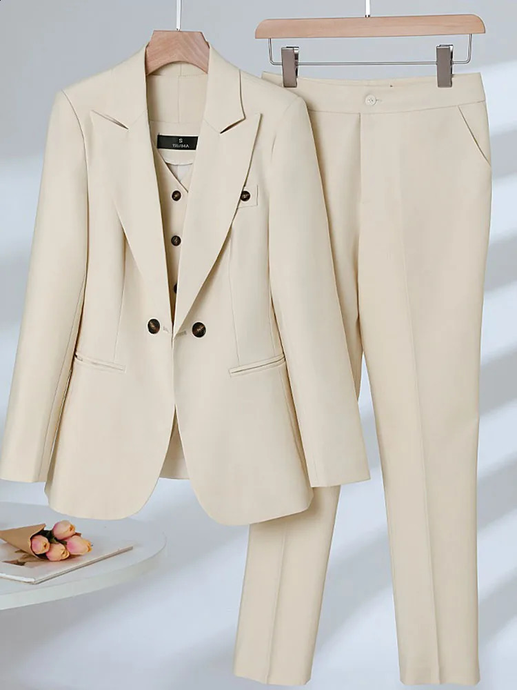 Casual Pant Suits for Women Long Sleeve Office Streetwear Two Piece Solid Double Breasted Spring Summer 240127