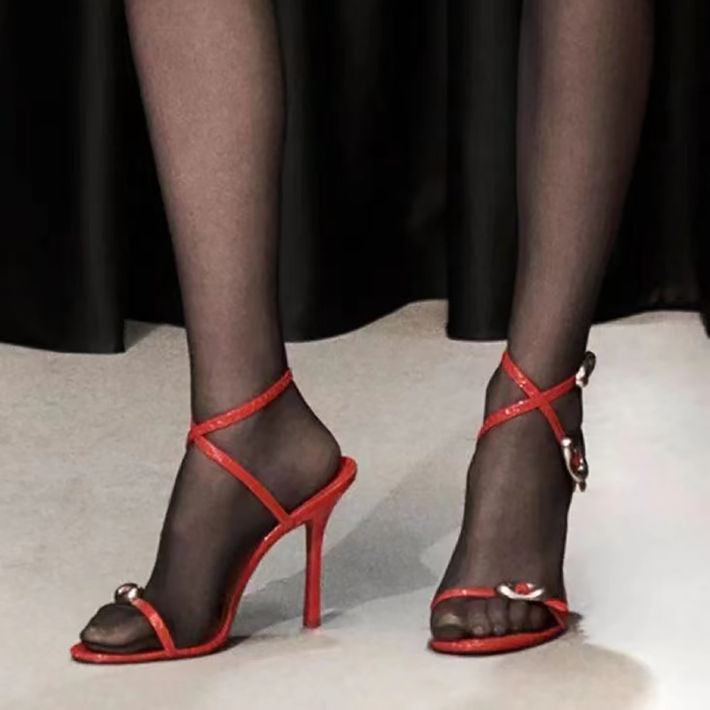 Snake grain leather ankle strap sandals hardware buckle leather outsole slippers pumps Womens Party Evening Shoes Luxury Designer high heels 34-43 wit