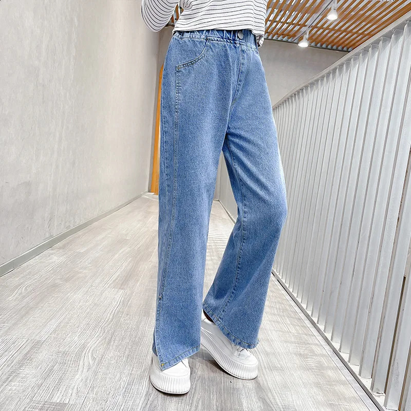 Split Denim Pants Jeans for Girls Korean Style Spring and Autumn Kids Jeans Baby Girls Clothes Casual Baggy Jeans Wide Leg Pants 240118
