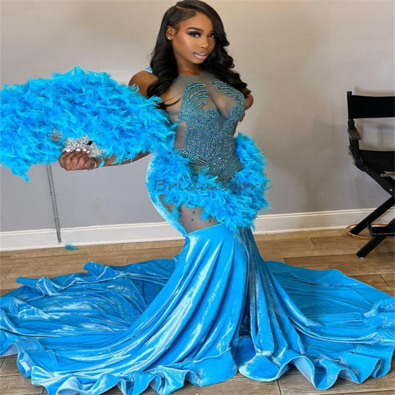 Gorgeous Blue Mermaid Evening Dresses With Feather Plus Size Velvet Black Girls Baddie Prom Dress Diamond Birthday Dress 2024 Pageant Formal Party Gow