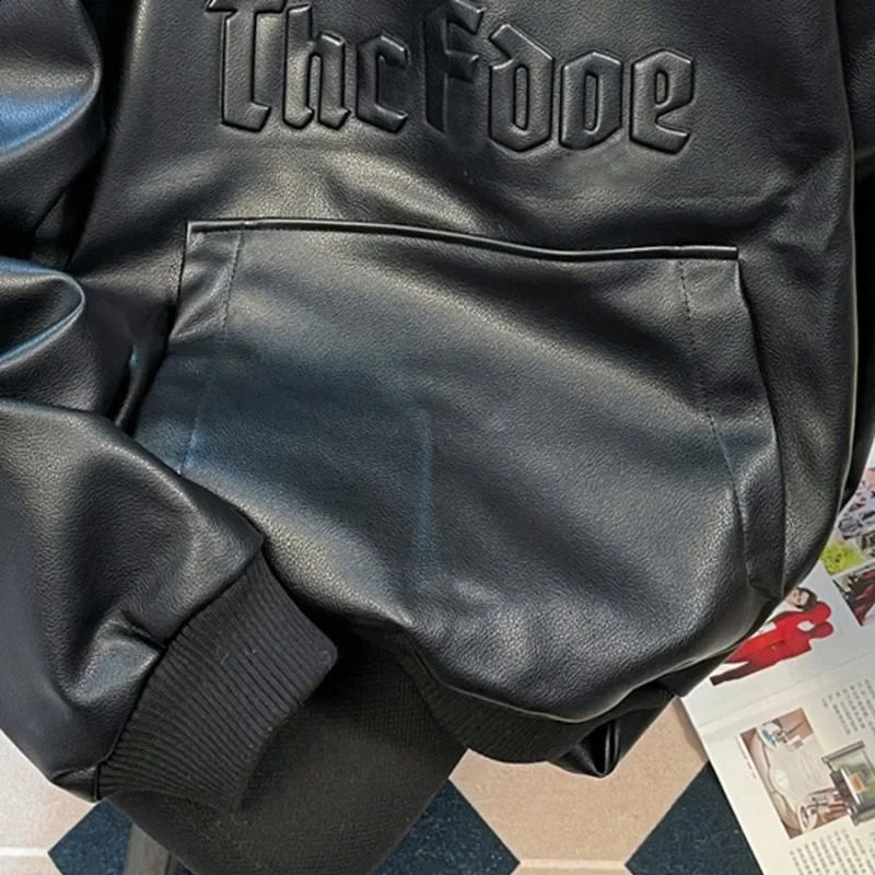 Men's Hooded Sweatshirt Women Pu Leather Motorcycle Jacket Hoodies Long Sleeves Pocket Letter Solid Color Loose Casual Tops 240126