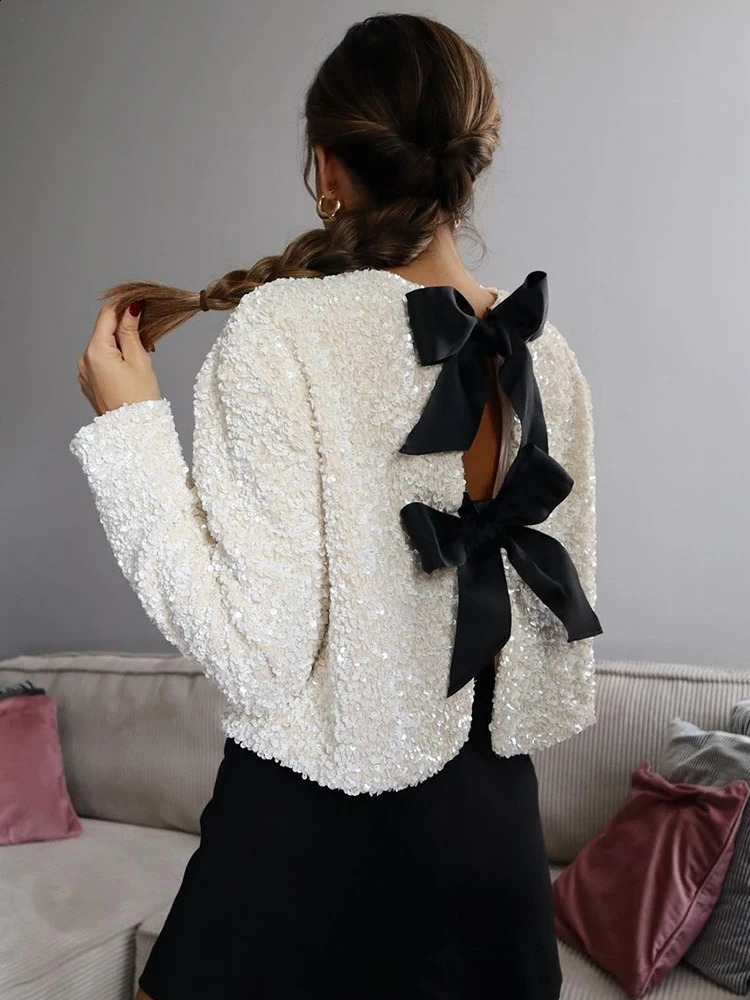 Christmas Bow Sequins Jacket For Women Fashion Sparkling Coats Female Elegant Long Sleeve Chic Cropped Shiny Evening Partywear 240122