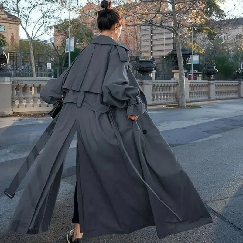 Spring Autumn Extra Long Flowy Oversized Casual Trench Coat for Women Belt Double Breasted Loose Korean Fashion Trench