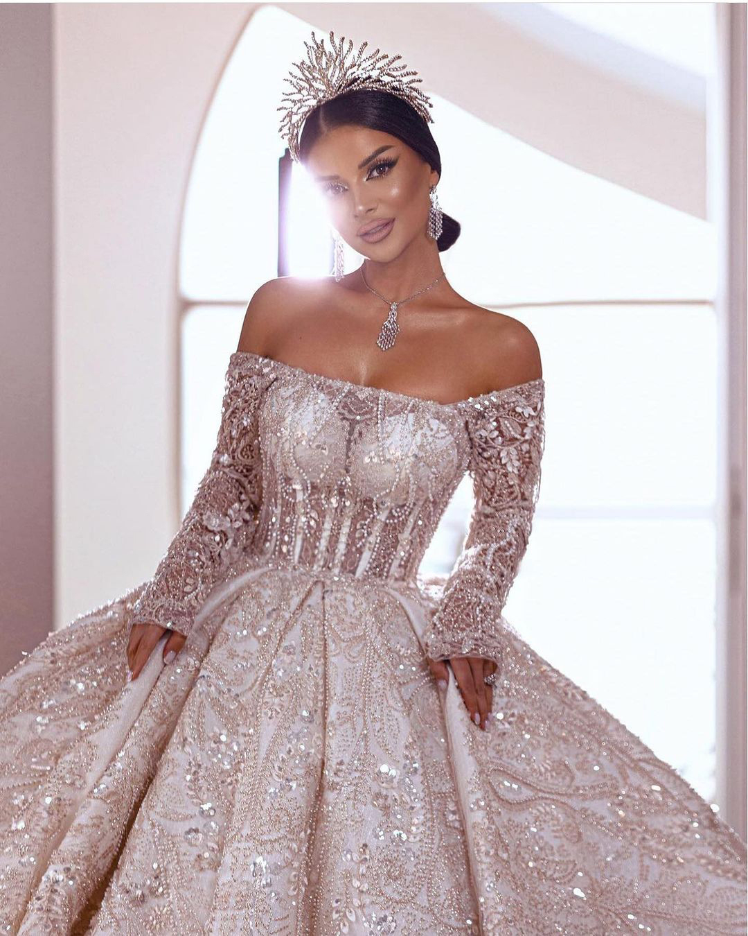 Glitter Beading Wedding Dresses Ball Gown Glamorous Off The Shoulder Sequined Lace Vestido De Noiva Custom Made Bridal Dress