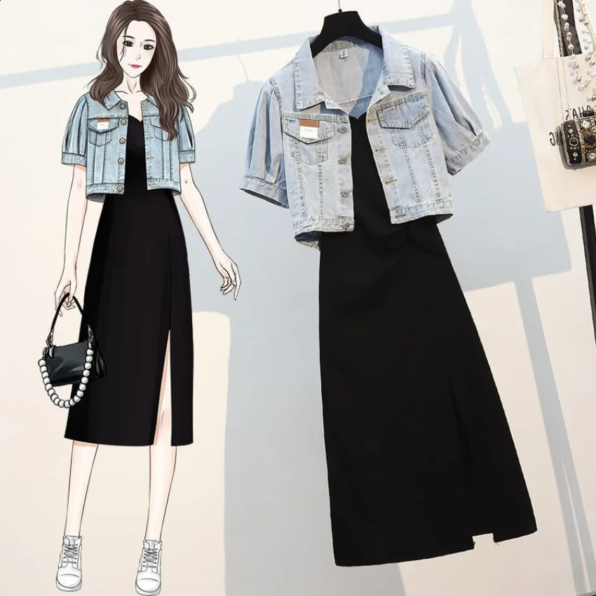 Oversized Women's Summer Set Women's Denim Coat Covering Belly and Slim Strap Dress Two Piece Set for Women 240129