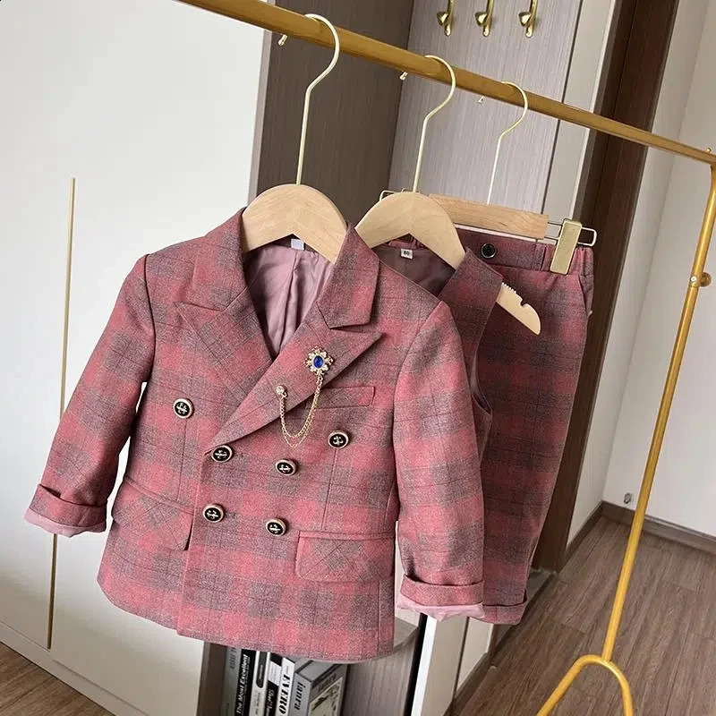 Children's Wedding Host Performance Party Dress Suit Set Autumn Winter Boys Plaid Blazer Vest Pants Clothes Kids Formal Costume 240119