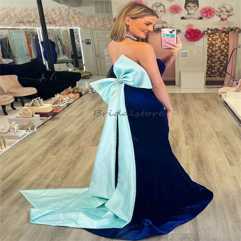 Navy Blue Mermaid Evening Dress With Big Bow Elegant Sweetheart Vintage Prom Dress 2024 Formal Occasion Party Gowns Glam Floor Length Robe De Soiree A