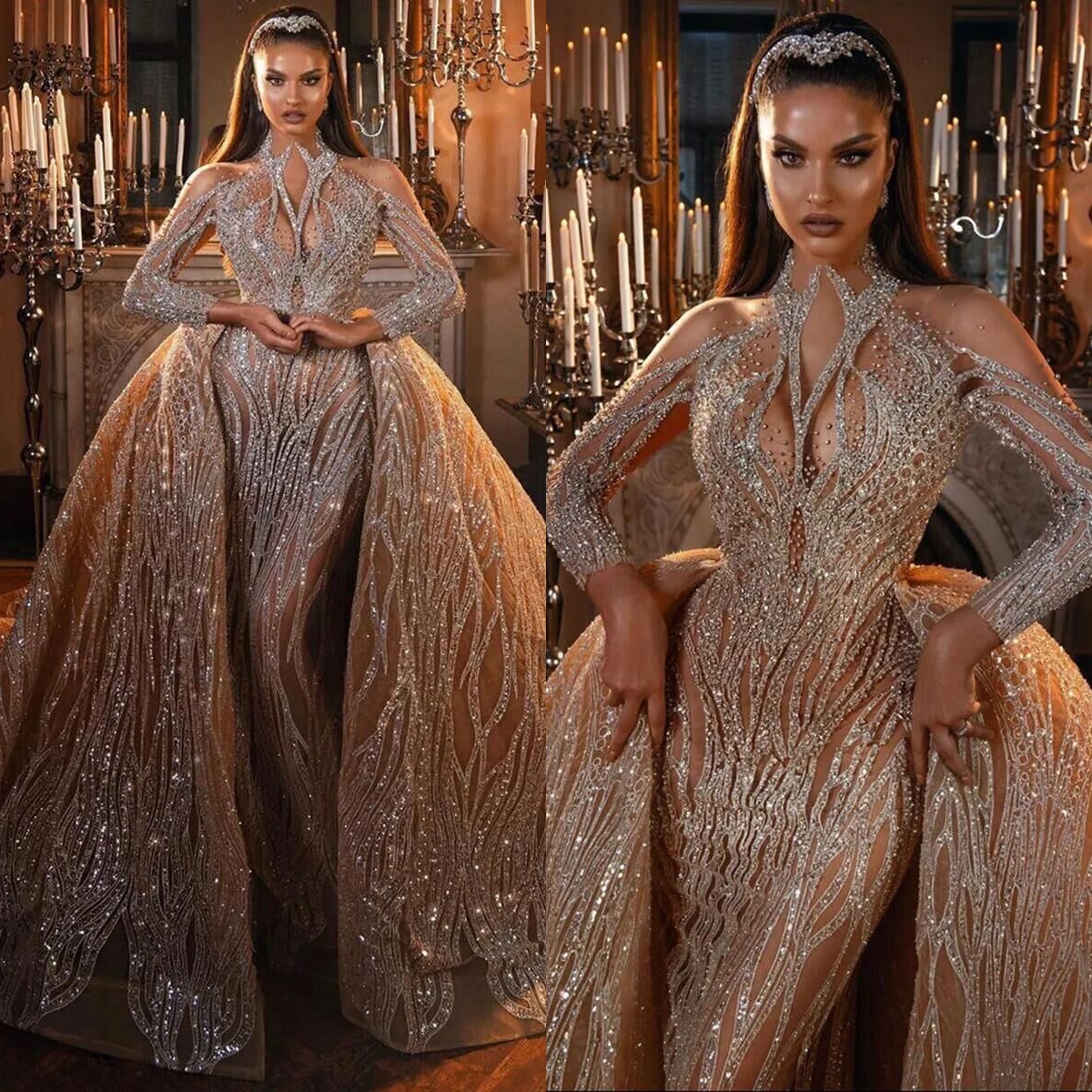 Sequins Mermaid Bridal Gowns High Neck Wedding Dress With Overskirts Long Sleeve Custom Made Bride Dresses Vestido De Novia 0219