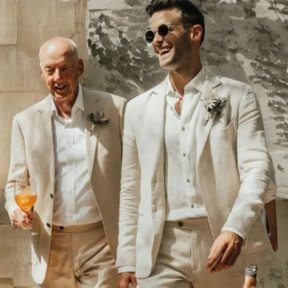 Linen Wedding Suits for Men Garden Summer Groom Tuxedo Notch Lapel Prom Blazer 2 Piece Set Jacket Pants 240126